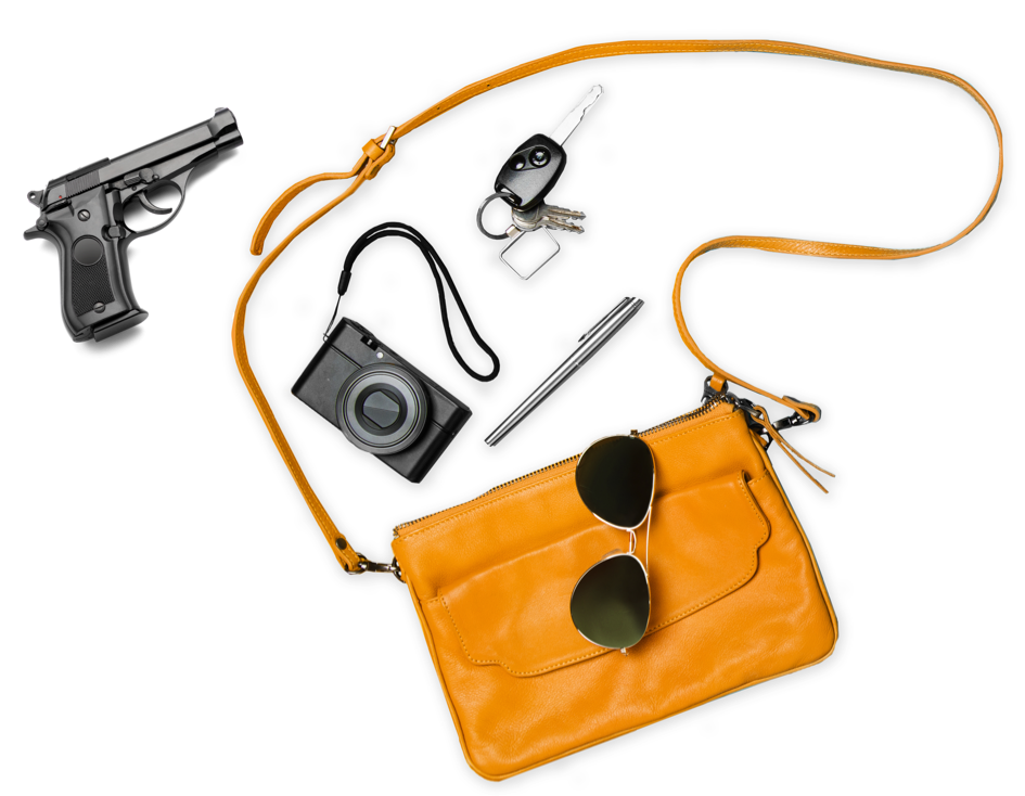 Fashion purse with handgun, camera, sunglasses, pen and car keys